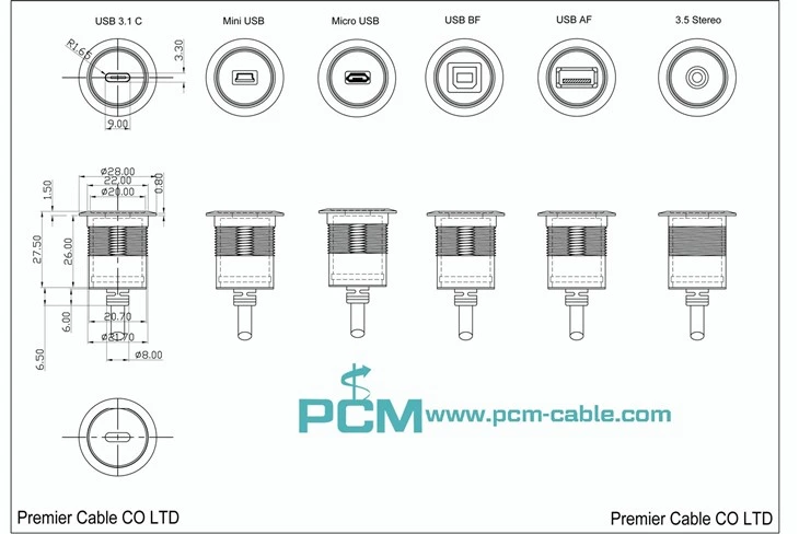 cutout size of USB socket USB C to USB A coupler